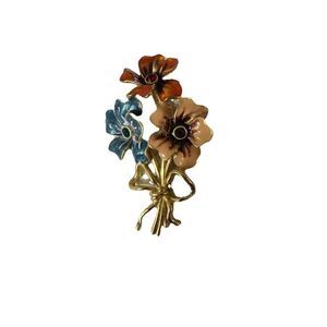 Vintage Joan Rivers Rhinestone Flower Brooch Orange Red, Blue Signed Goldtone
